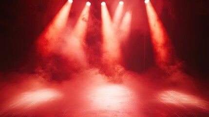 Concert stage illuminated by red spotlights casting down on the floor accompanied by swirling dry ice fog