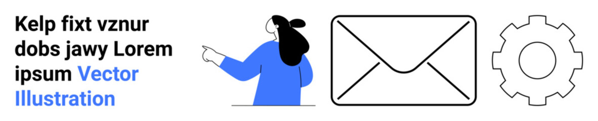 Woman in a blue shirt pointing at placeholder text with an envelope and gear icons beside her. Ideal for communication, settings, tech support, contact, email setup, IT services, tutorials. Banner