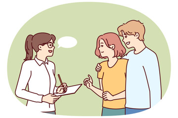 Couple takes social survey answering interviewer questions and evaluating quality of services provided. Woman conducts social research by interviewing passers-by and writing data in notebook.