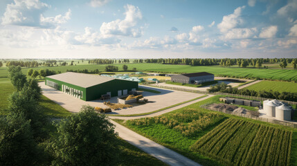 A farm area featuring plant-based feed in storage, set alongside green fields to show sustainable, animal-friendly farming practices