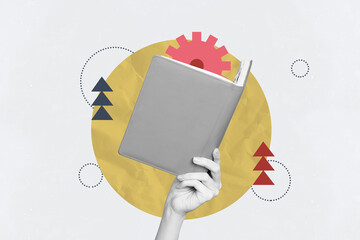 Composite photo collage of hand hold planner book education concept gearwheel optimization plot...
