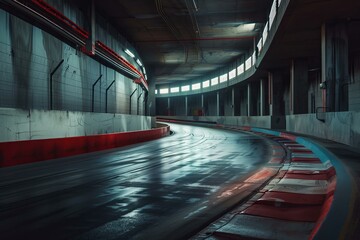 Empty indoor go kart racing track is winding its way through an empty industrial building