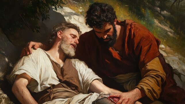 image of the Good Samaritan helping a wounded man, representing compassion and mercy toward others, regardless of background,
