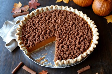 Pumpkin Pie: A full pumpkin pie with a few slices removed, revealing a rich, creamy texture. 