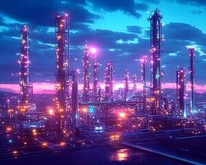 Fototapeta premium Futuristic Neon Lit Oil Refinery Skyline Symbolizing Technology and Industry Fusion