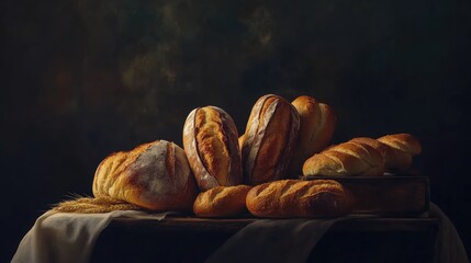 Crunchy baked bread loaves on a dark backdrop a collection of crusty breads and golden wheat...