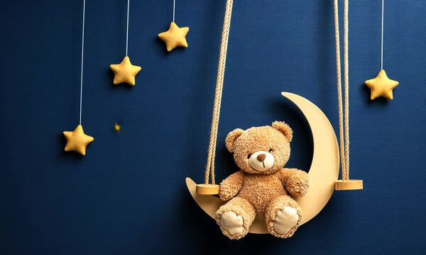A cozy teddy bear on a crescent moon swing under twinkling stars in a serene night sky nursery setting
