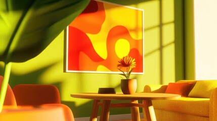 Cozy living room featuring a plush sofa wooden table and comfortable chairs accentuated by a large potted flower and an abstract wall poster showcasing hygge interior design