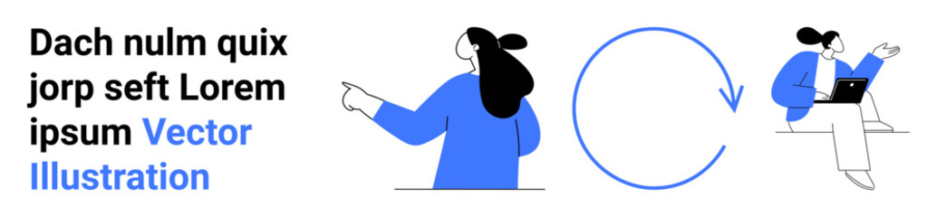 Businesswoman sits using laptop, points at text next to a circular arrow, suggesting workflow or cyclic process. Ideal for business presentations, tutorials, educational content, workflow diagrams