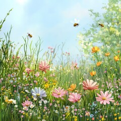 Fototapeta premium Spring meadow with diverse wildflowers and buzzing bees