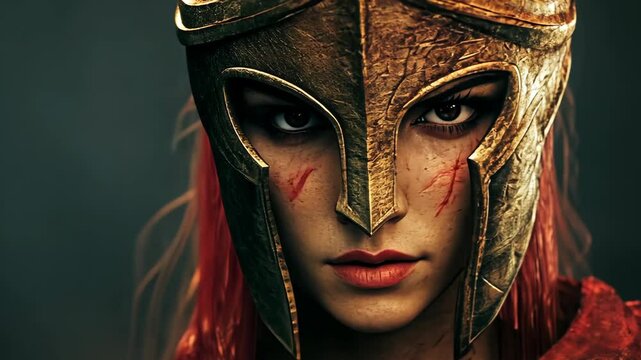 A fierce warrior woman gazes intensely from behind a bronze helmet, her face marked with battle scars
