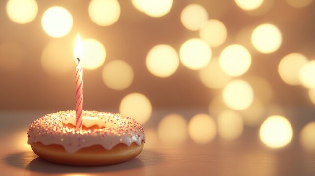 Delightful donut alongside a lit candle set against a soft bokeh light backdrop Birthday celebration theme