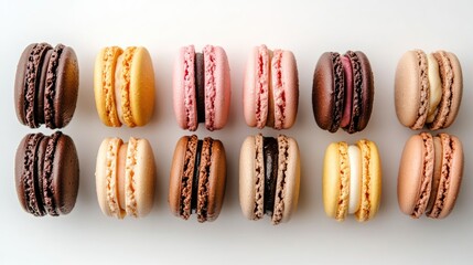 Obraz premium Colorful and delightful macarons arranged on a white backdrop