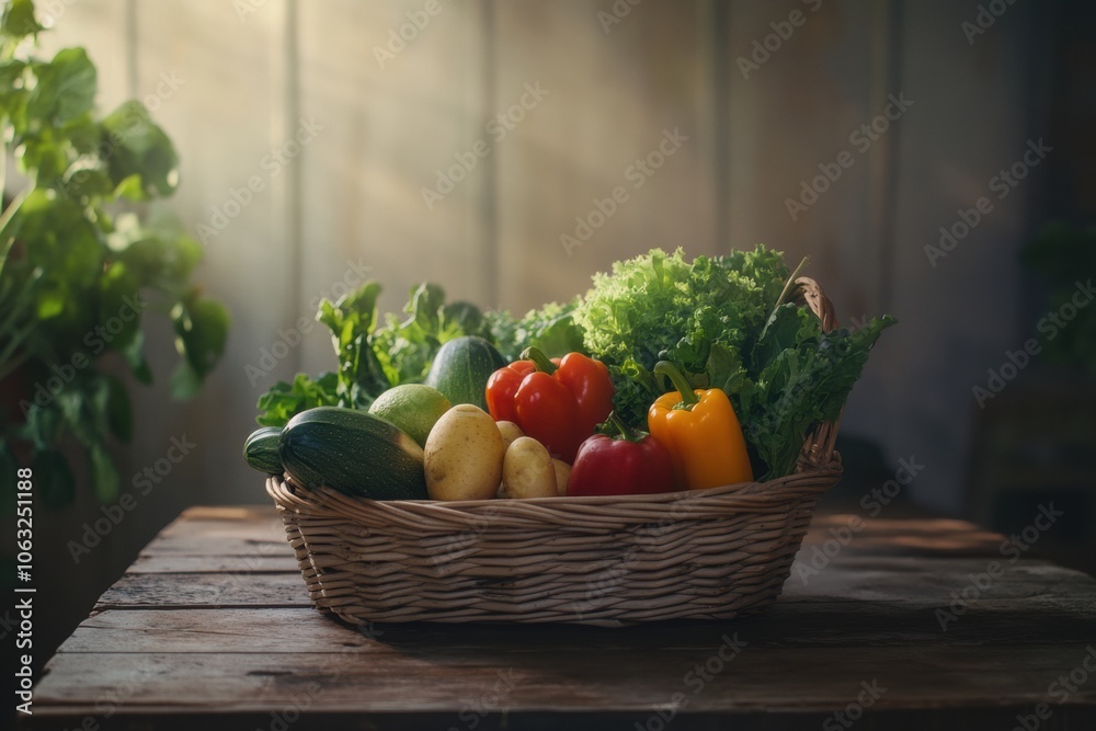 Poster fresh vegetables and fruits are arranged in a wicker basket, set on a rustic wooden table, illuminat