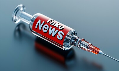 Syringe labeled Fake News, symbolizes misinformation and its impact on public perception, a striking commentary on modern communication challenges