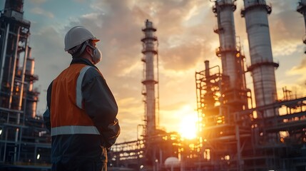 Worker in Protective Gear at Sunset Oil Refinery with Steel Structures