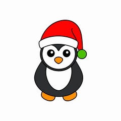 Christmas Penguin and Santa hat bold line art vector white background