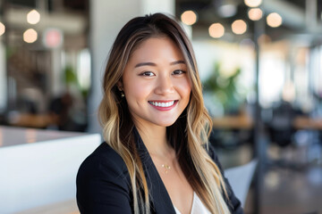 Young smiling Asian woman looking at the camera in a contemporary corporate office.
