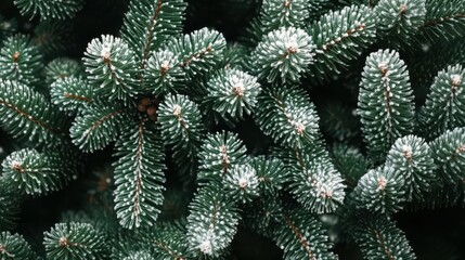 Detailed texture of Christmas tree needles with soft snow, capturing the natural beauty and festive atmosphere. 4K hyperrealistic photo.