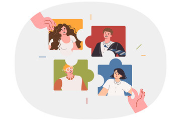 Building family team from puzzles with portraits of children and parents, for intellectual quiz