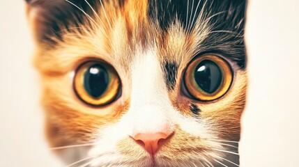 Curious tricolor kitten close up on a white background