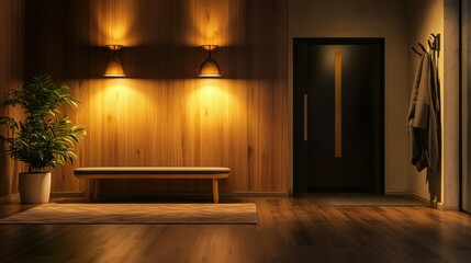 Fototapeta premium Interior of hall with glowing lamps and coat rack in evening