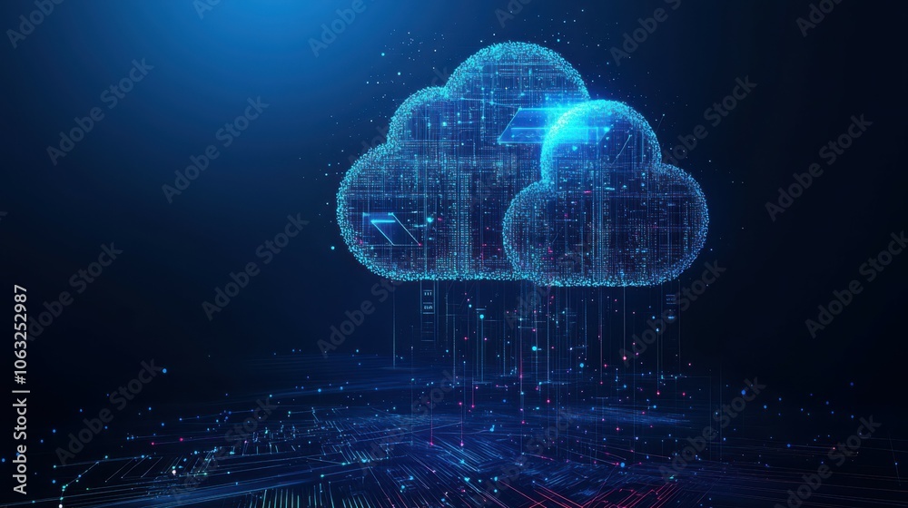 Poster digital cloud computing and blockchain technology. abstract cloud with arrows up and down. big data 
