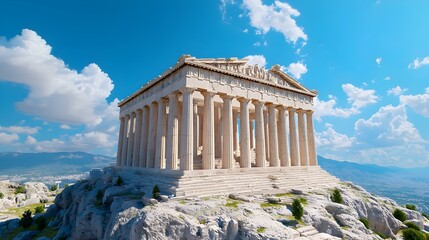 Obraz premium Acropolis Discovery, A traveler marvels at ancient ruins and iconic temples atop a historical hill in Athens, Greece, rich in culture and heritage.