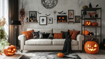 Obraz premium Interior of light living room decorated for Halloween with sofa and shelf units