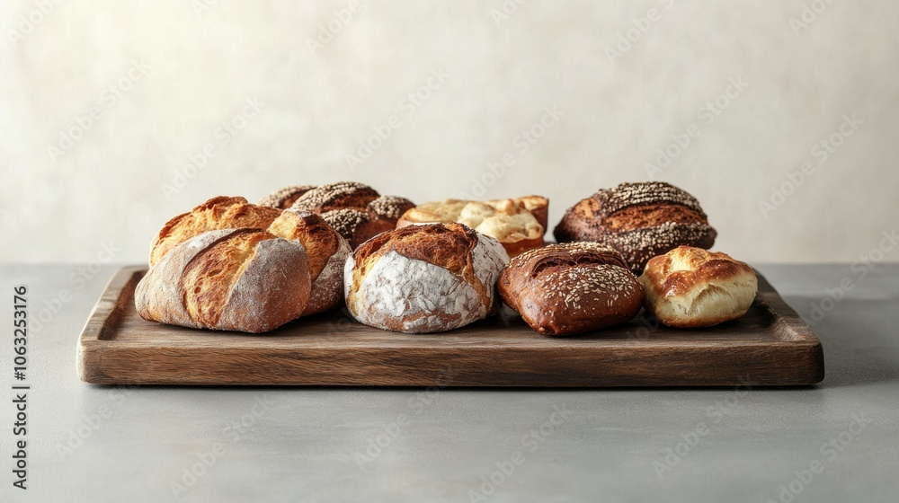 Poster an inviting spread of assorted fresh bread and pastries arranged on a rustic wooden board, ideal for