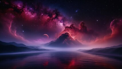 Fototapeta premium A stunning cosmic nebula with vibrant colors of purple, red, and orange swirling against a backdrop of stars, evoking a sense of mystery and wonder