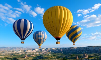 Obraz premium Cappadocia Hot Air Balloons, vibrant balloons soaring above unique rock formations, enchanting sunrise illuminating the stunning landscape.