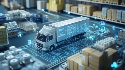 Miniature medical truck in logistics setting for healthcare and emergency supply chain concepts.