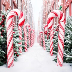 Festive candy cane lined street with snow and Christmas trees.