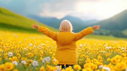Fototapeta premium Child in a yellow coat embraces a vibrant field of wildflowers under a bright sky, AI