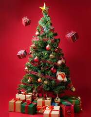 Christmas tree with colorful decorations with Christmas gifts floating or flying isolated on Clean Red background