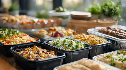 Fototapeta premium Disposable packaging items, including containers and wrappers, displayed as part of a meal setup, illustrating convenience but single-use quality