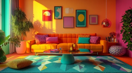 Living room decorated in vibrant retro colors, featuring a plush sofa, geometric patterns, and classic 70s accessories.
