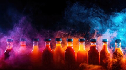 Obraz premium Colorful Array of Fiery Hot Sauces Surrounded by billowing Smoke Suggesting Bold Flavors