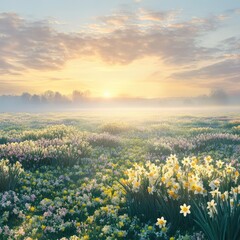 Fototapeta premium Spring morning mist rising over a blooming field of daffodils and tulips 