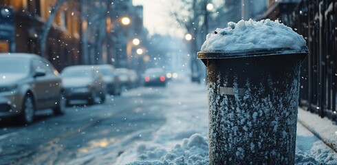 Close-up of snow on a trash can in the street, cars covered with heavy snow and ice