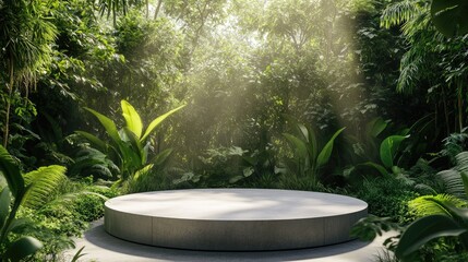 Contemporary circular concrete pedestal surrounded by vibrant greenery for showcasing products