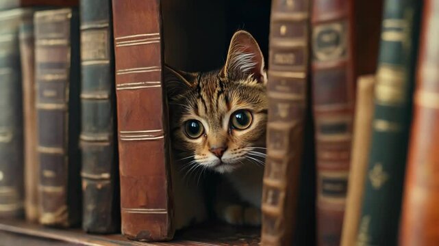 Cat curiously peeking out from behind an old bookcase filled with classic literature