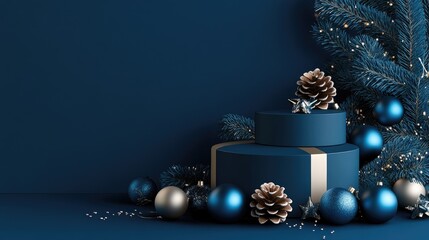 Contemporary blue Christmas greeting card featuring an empty podium for showcasing products Modern banner design for the festive season
