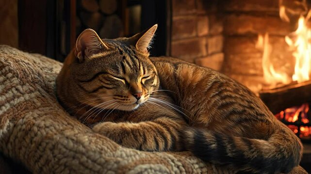 Tabby cat curled up on a soft cushion near a crackling fireplace in a country home