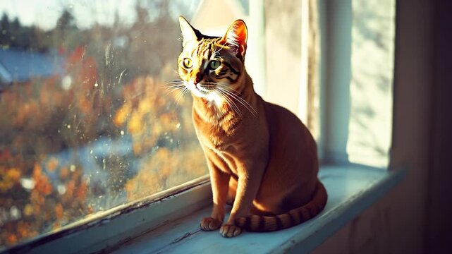 Cat perched on a sunlit windowsill