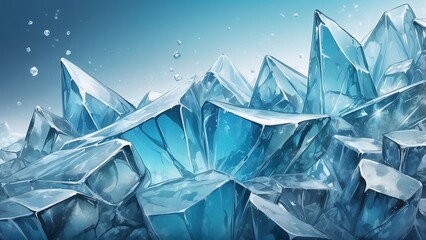 Stunning close-up of ice crystals, cold atmosphere, shimmering blues, abstract winter landscape
