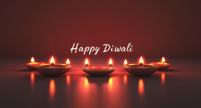 Happy Diwali Celebration Banner with Illuminated Oil Lamps (Diya) on Burnt Red Background.