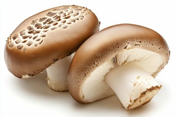 Fototapeta premium two brown champignon mushrooms isolated on a white background 
