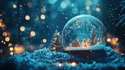 Christmas Snow Globe In Eve Night - Wish Concept With Snowing And Blue Abstract Defocused Background
